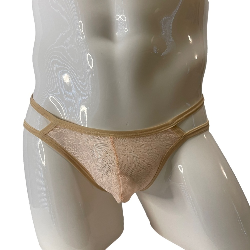 Mens Thong G-String Lace Sheer Cutouts Medium New With Tags Peach Cream